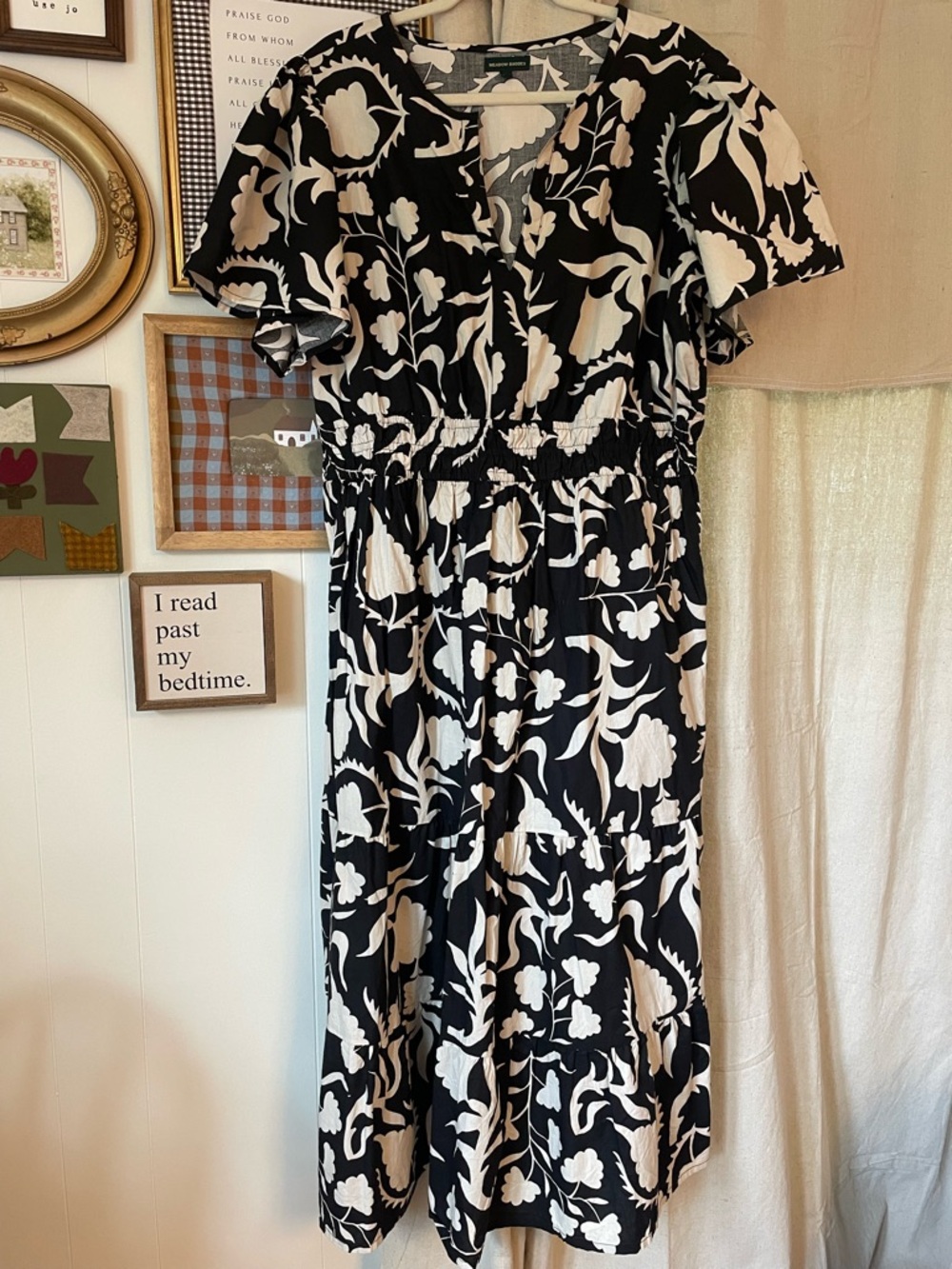 Black & White Floral Maxi Dress with Smocked Waist